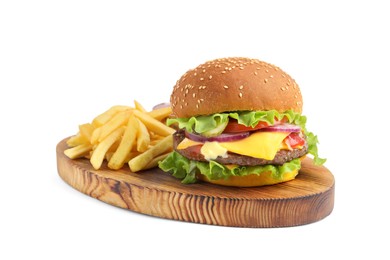 Delicious burger with beef patty and french fries isolated on white