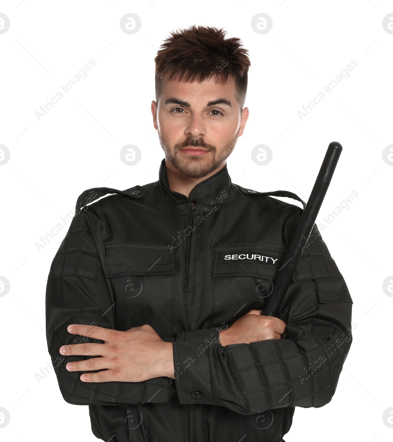 Photo of Male security guard in uniform with police baton on white background