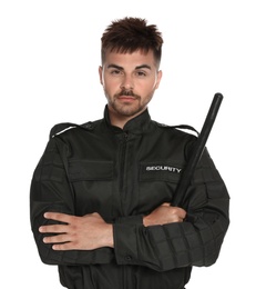 Male security guard in uniform with police baton on white background