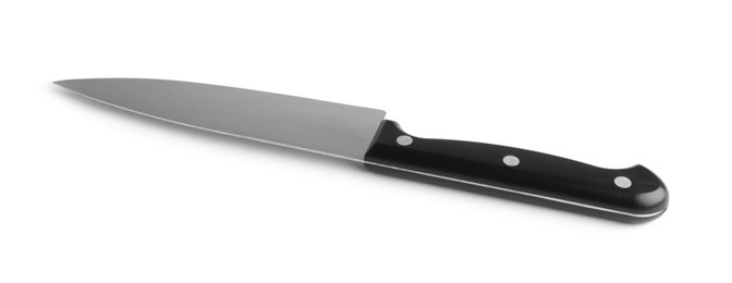 Photo of One knife with black handle isolated on white