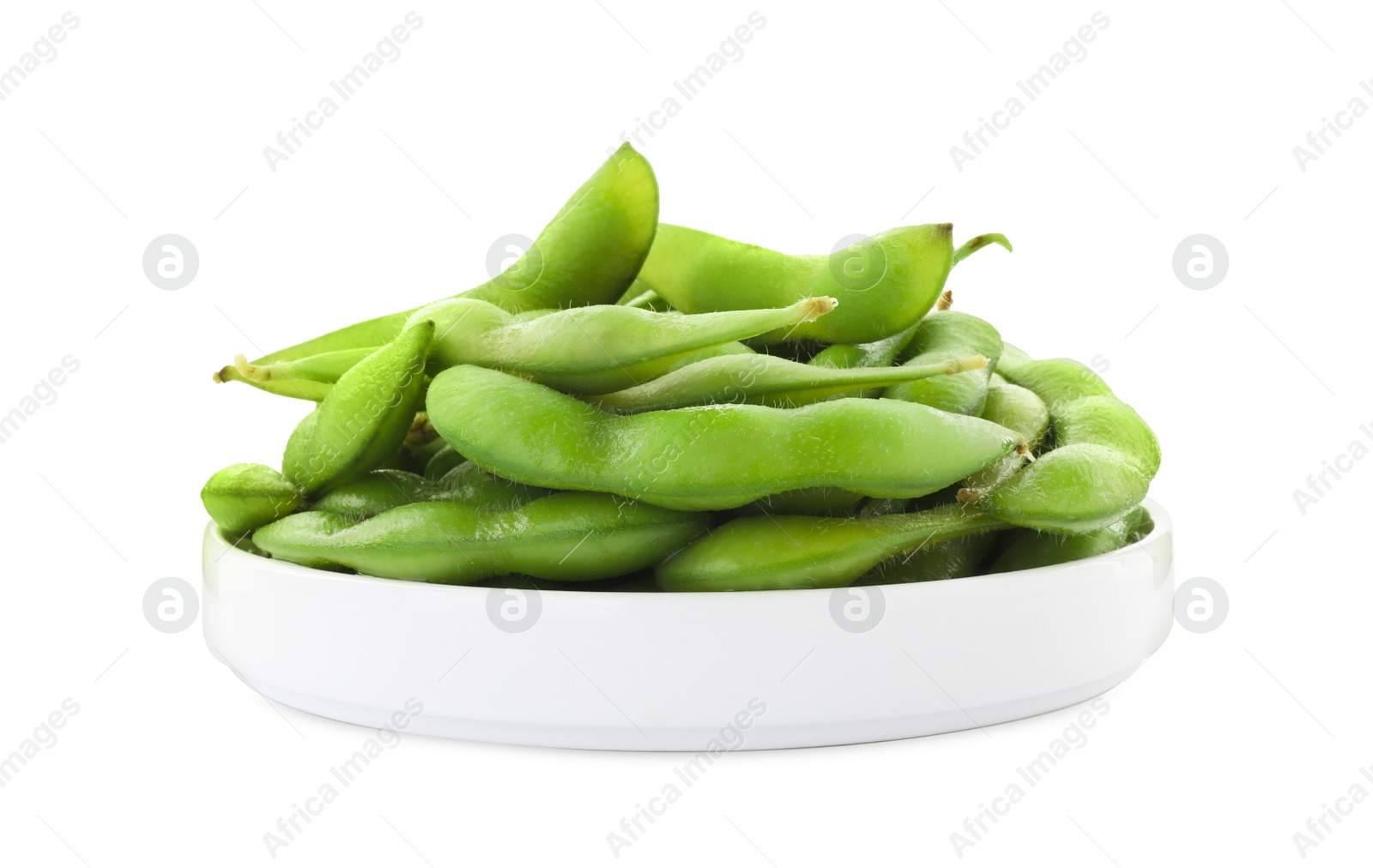 Photo of Bowl with green edamame pods on white background