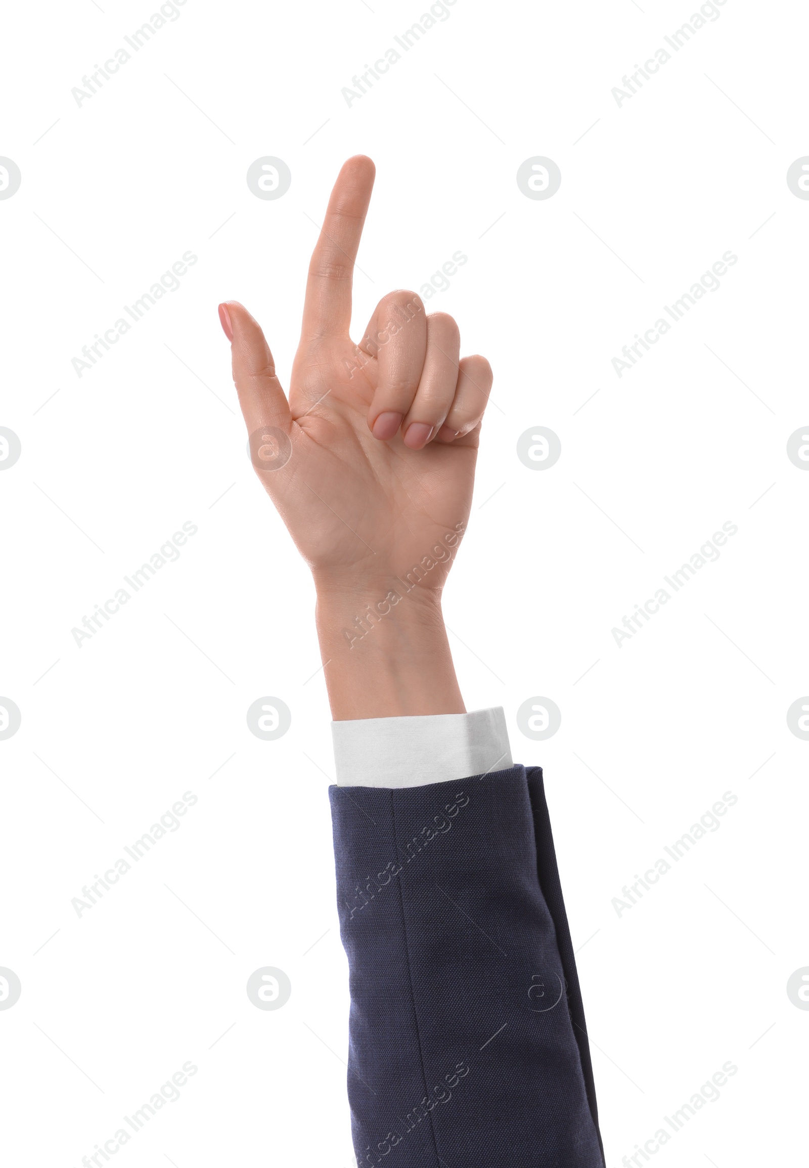 Photo of Woman pointing with index finger on white background, closeup