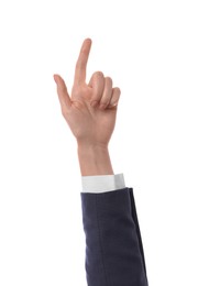 Woman pointing with index finger on white background, closeup