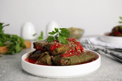 Plate of delicious stuffed grape leaves with tomato sauce and parsley on light grey table, closeup