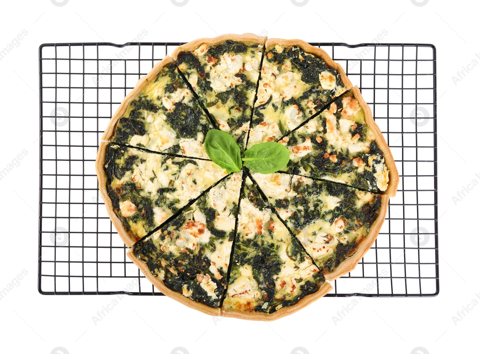 Photo of Delicious homemade spinach quiche on white background, top view