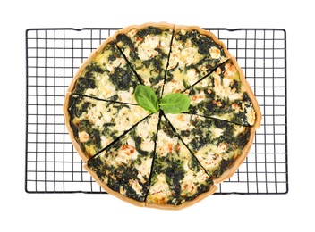 Delicious homemade spinach quiche on white background, top view