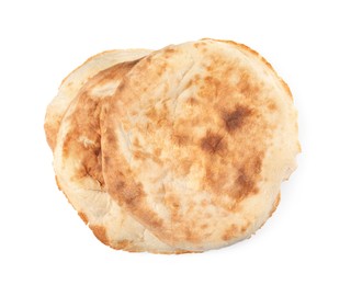Photo of Loaves of delicious fresh pita bread on white background, top view
