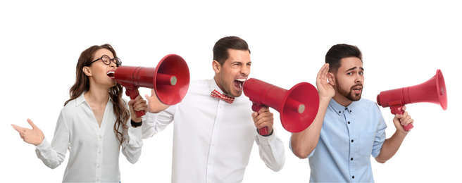 Collage of people with megaphones on white background