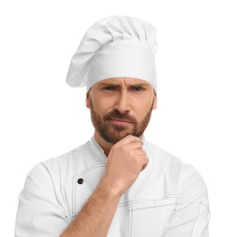 Photo of Thoughtful mature male chef on white background