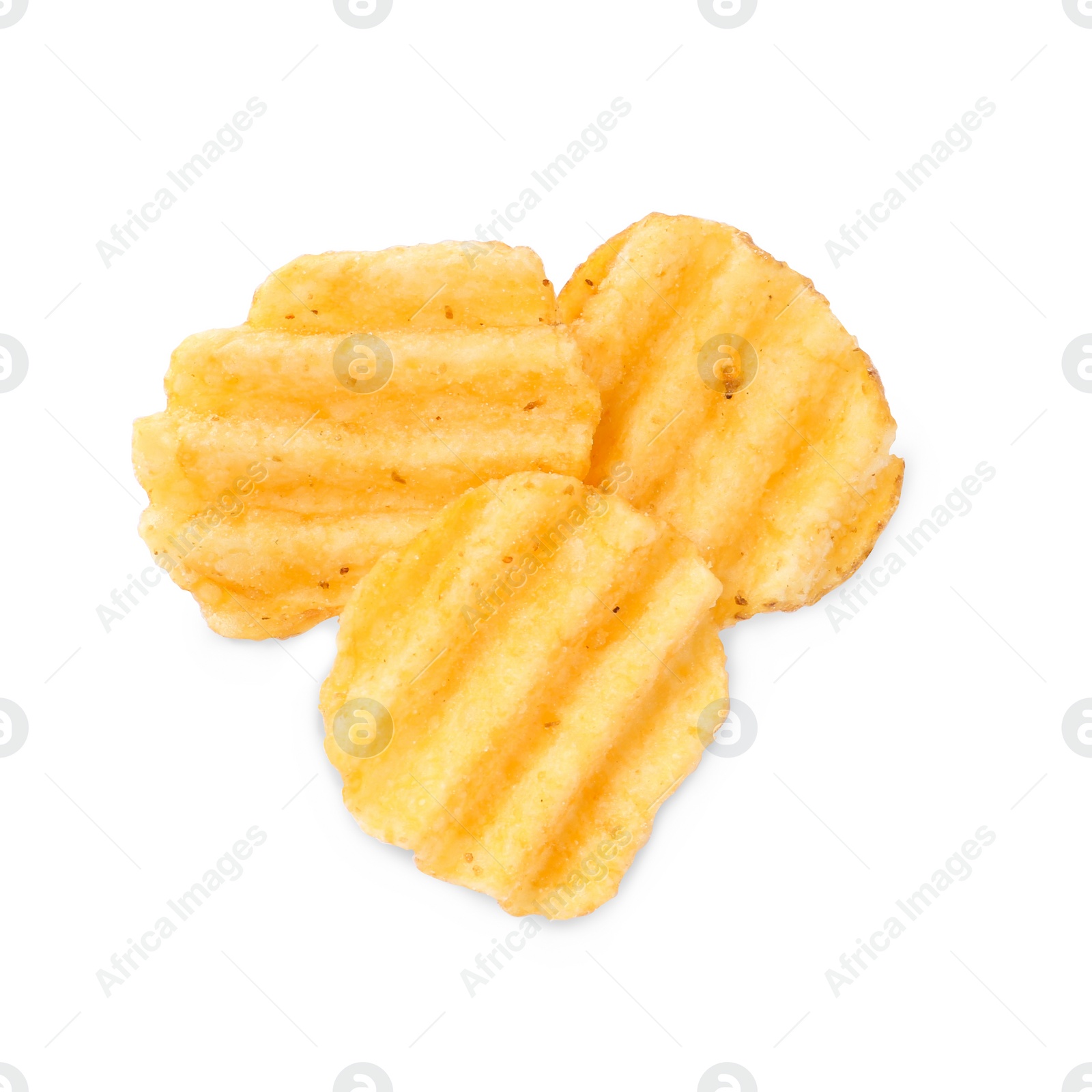 Photo of Delicious ridged potato chips on white background, top view