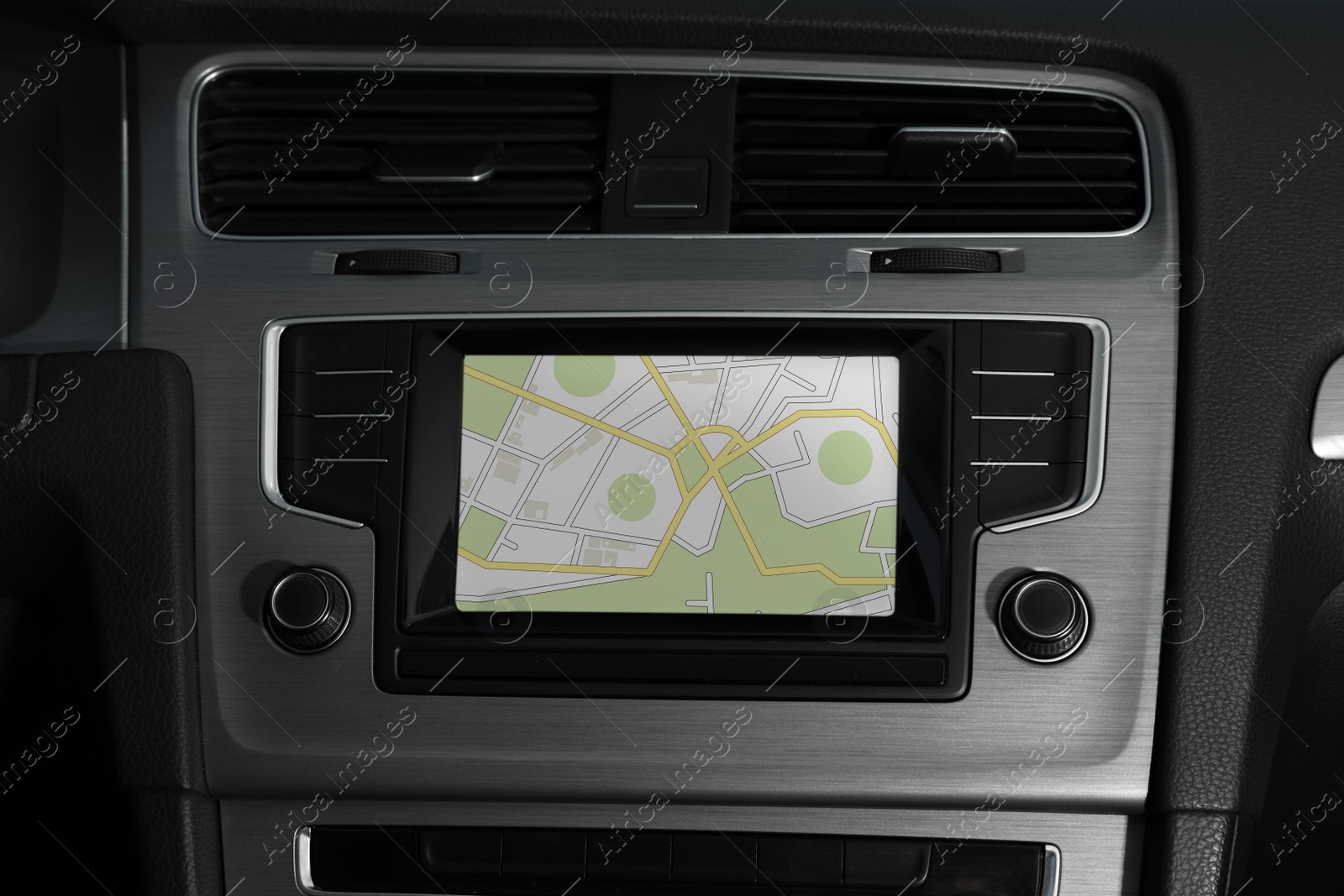 Image of Closeup view of dashboard with navigation system in modern car