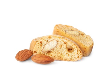 Slices of tasty cantucci and nuts on white background. Traditional Italian almond biscuits