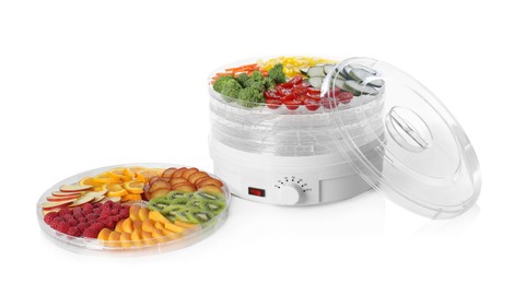 Photo of Modern dehydrator machine with different fruits and vegetables on white background