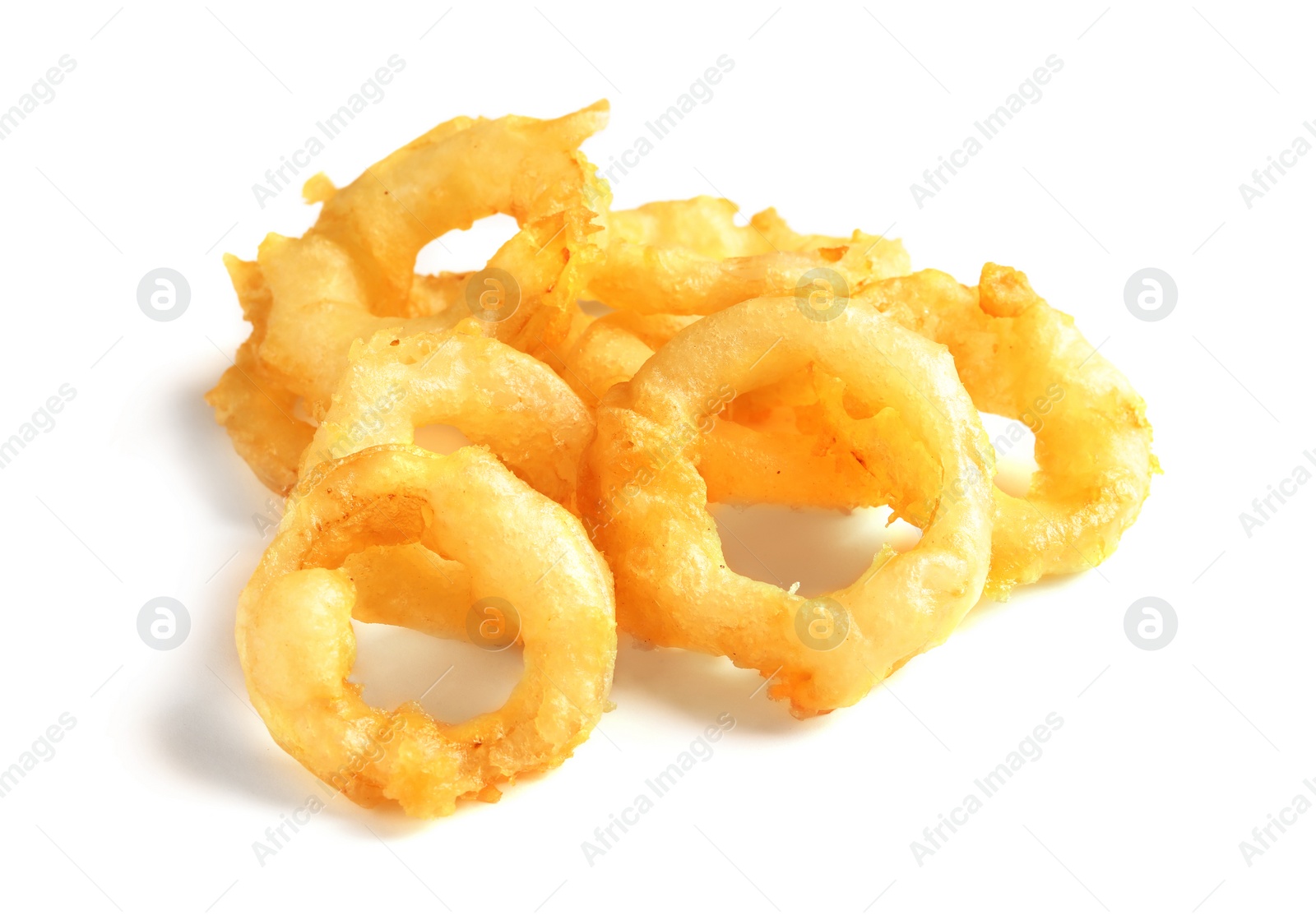 Photo of Delicious golden breaded and deep fried crispy onion rings on white background