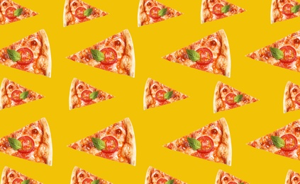 Image of Pizza slices on yellow background. Pattern design 
