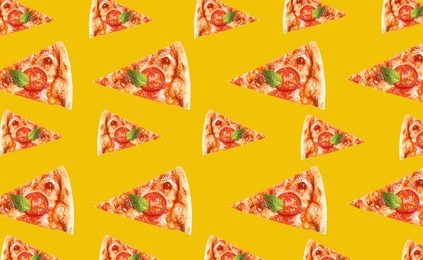 Pizza slices on yellow background. Pattern design 