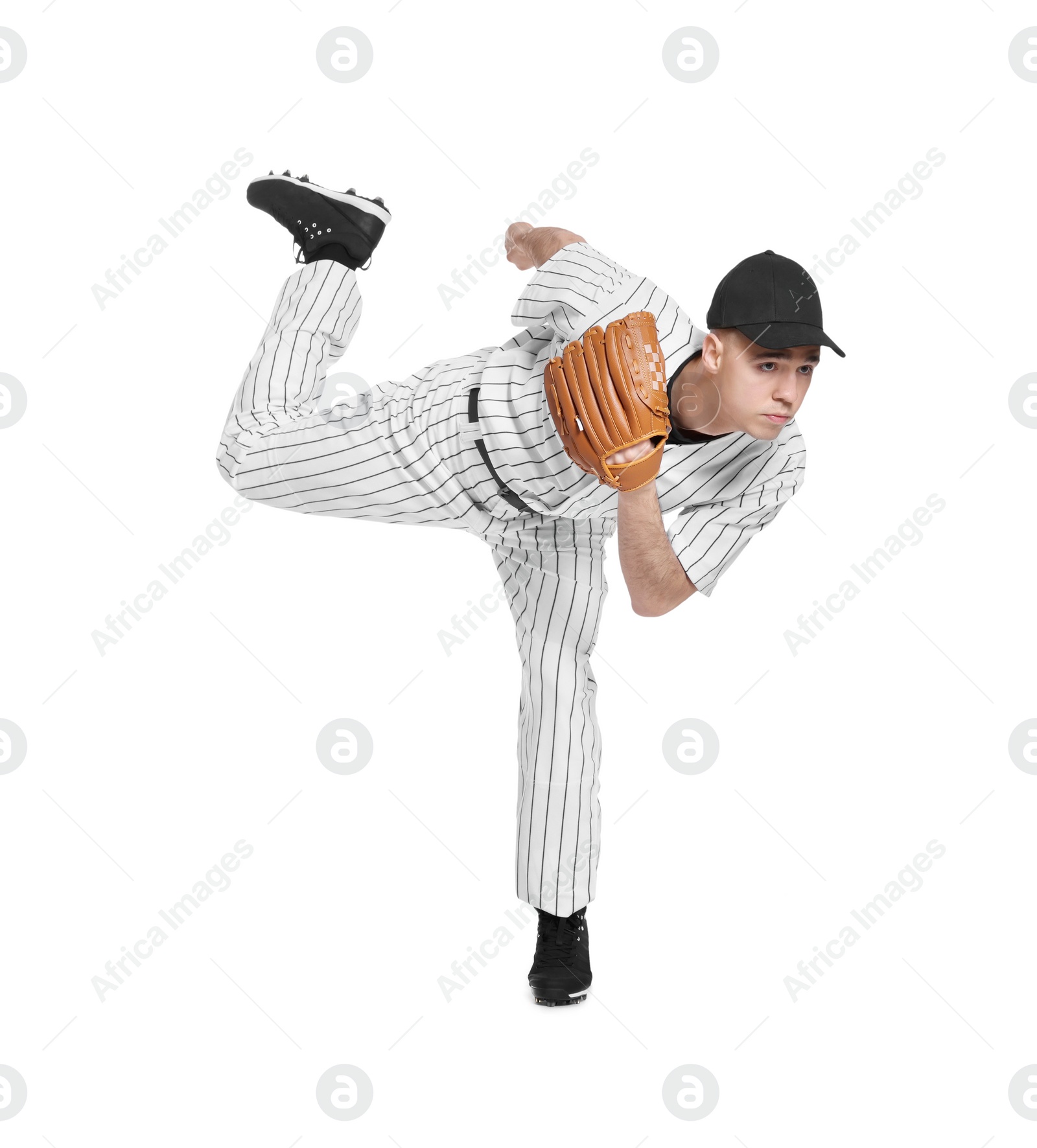 Photo of Baseball player with glove throwing ball on white background