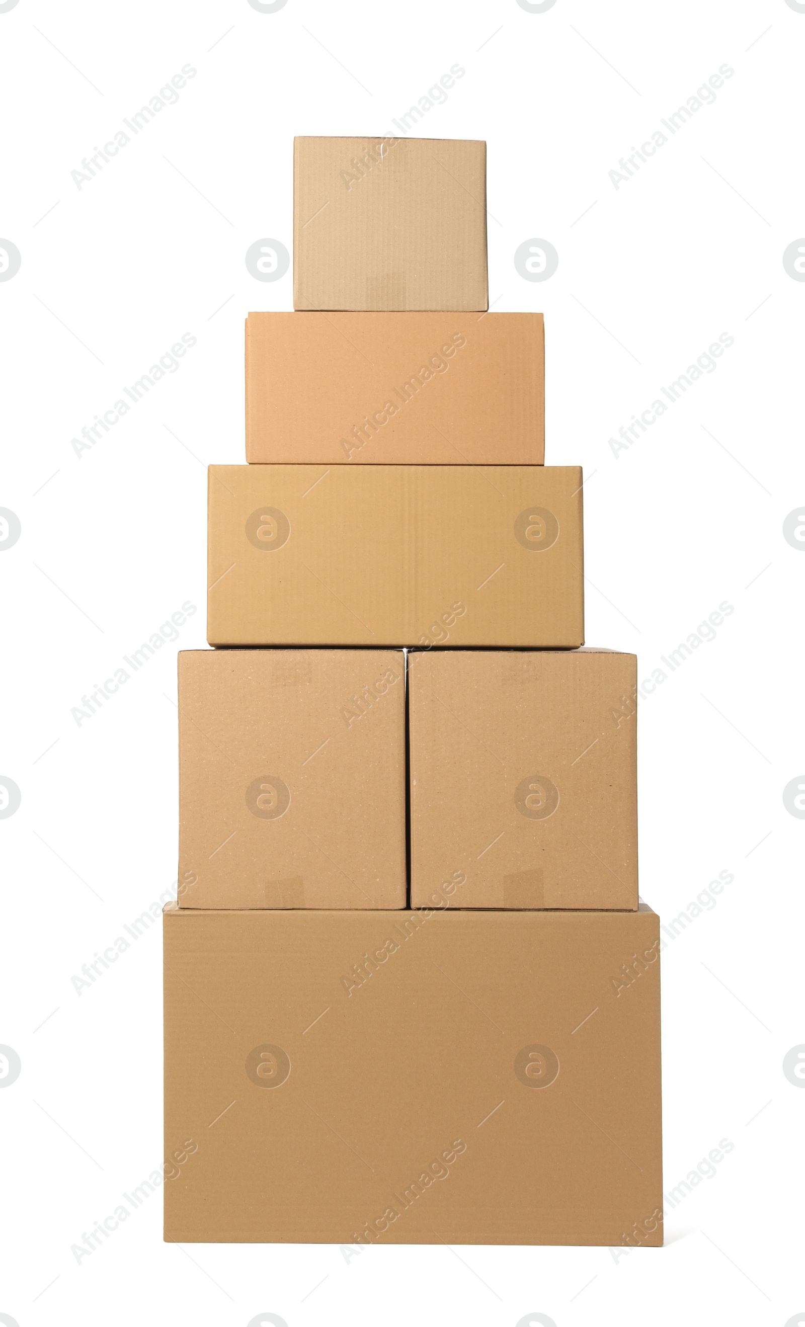 Photo of Many closed cardboard boxes on white background. Delivery service