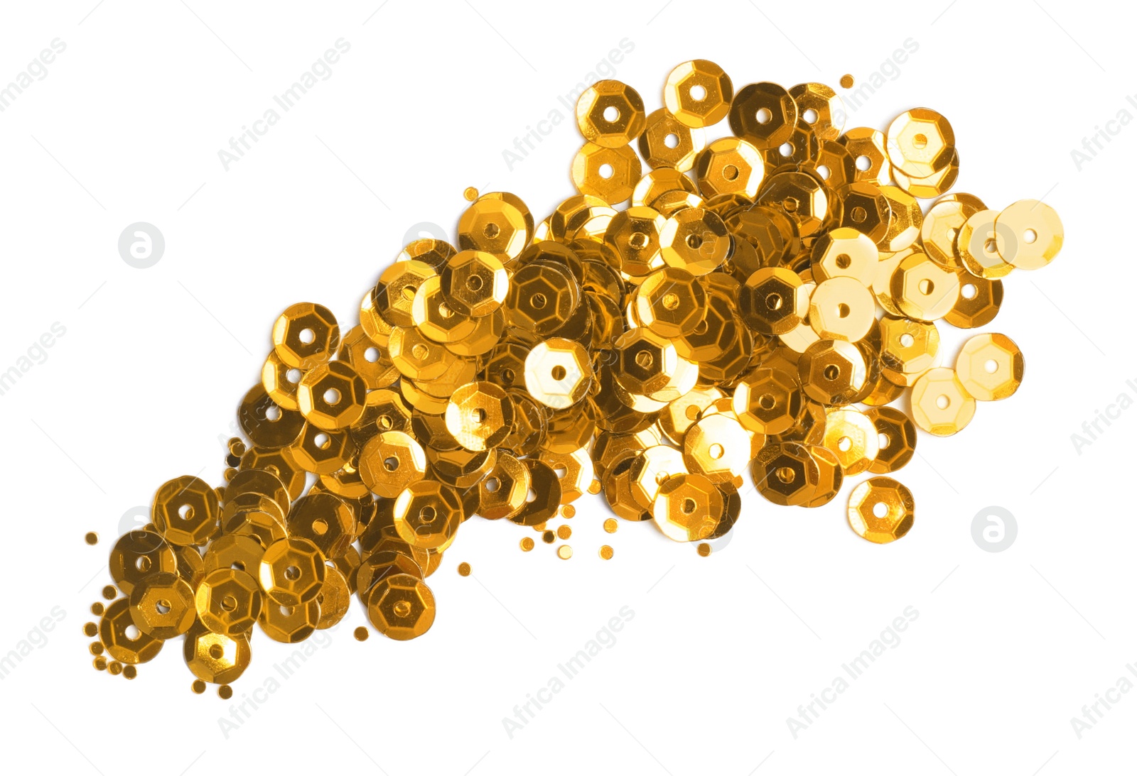 Photo of Pile of golden sequins isolated on white, top view