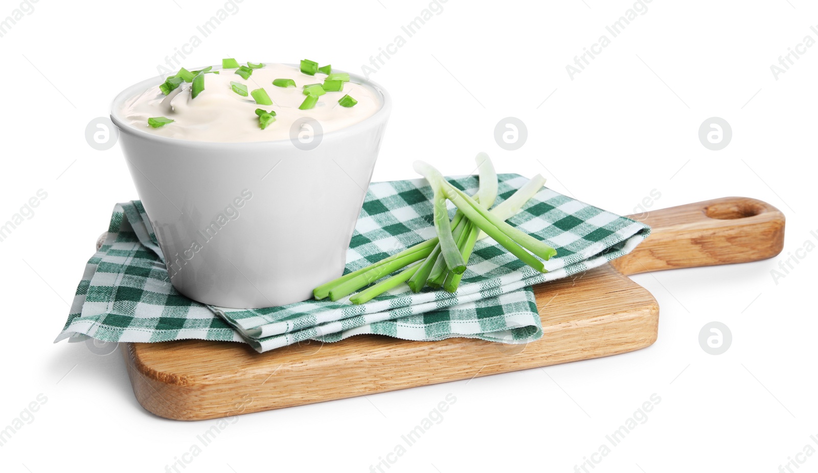 Photo of Fresh sour cream with onion on white background