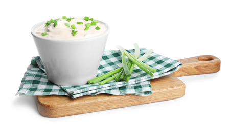 Photo of Fresh sour cream with onion on white background