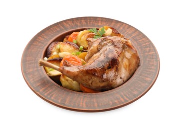 Tasty cooked rabbit meat with vegetables isolated on white