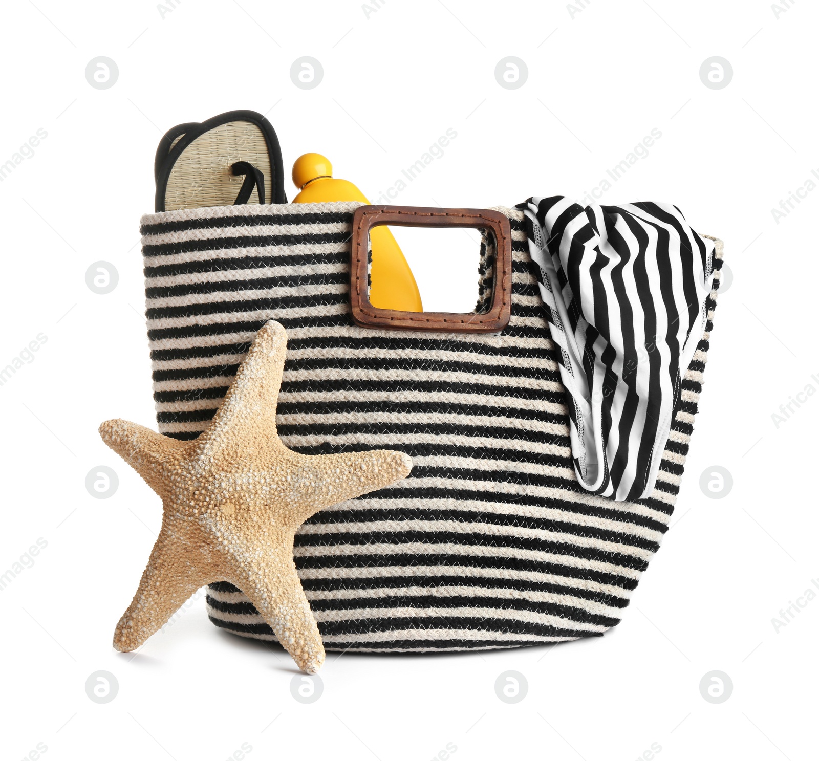 Photo of Set of beach accessories on white background