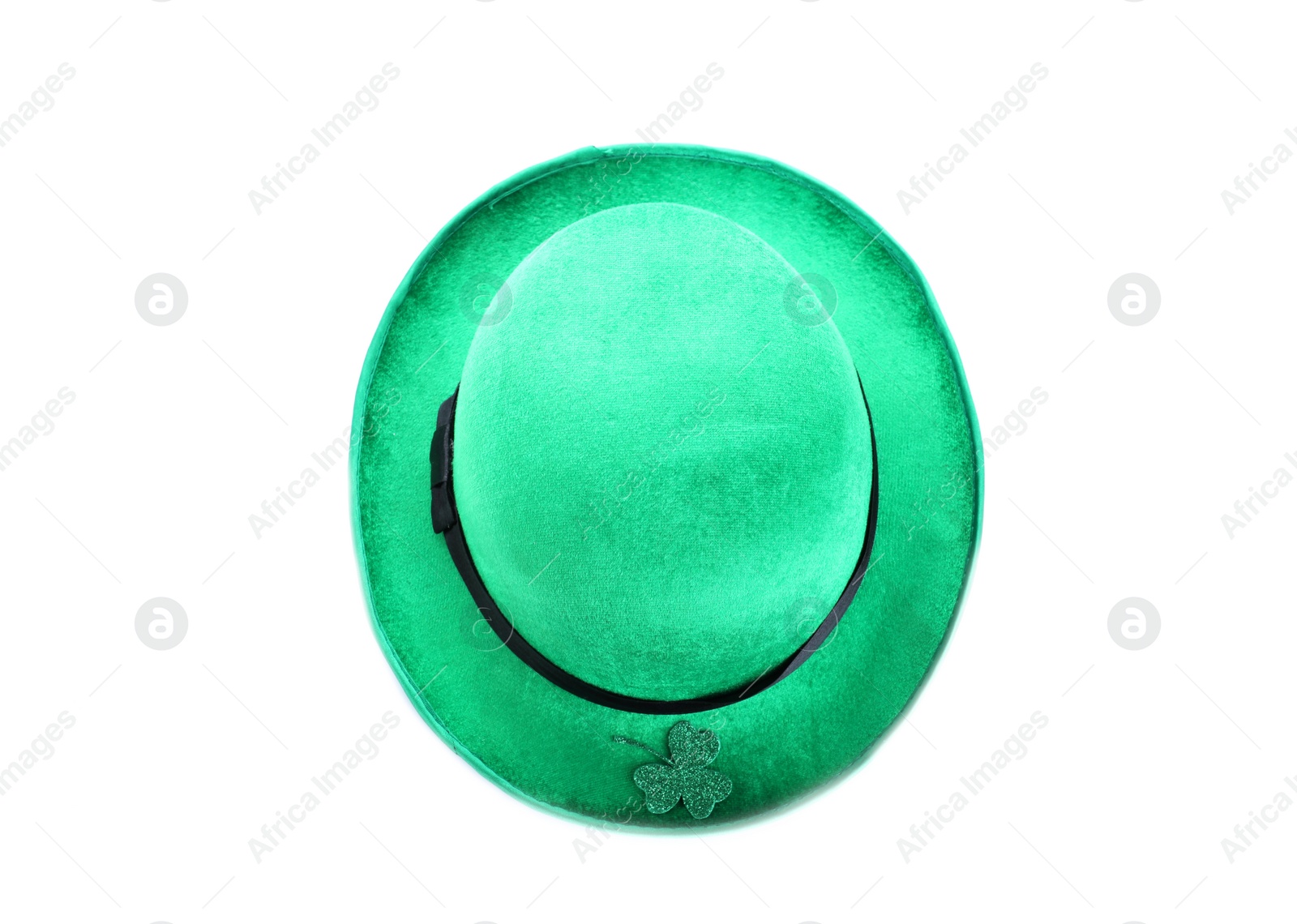 Photo of Green leprechaun hat with clover leaf isolated on white, top view. St. Patrick's Day celebration