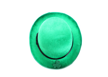 Green leprechaun hat with clover leaf isolated on white, top view. St. Patrick's Day celebration