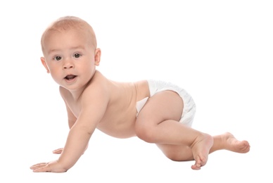 Cute little baby crawling on white background