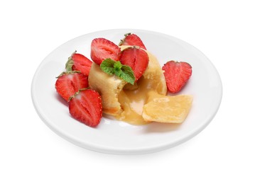 Photo of Tasty vanilla fondant with white chocolate and strawberries isolated on white