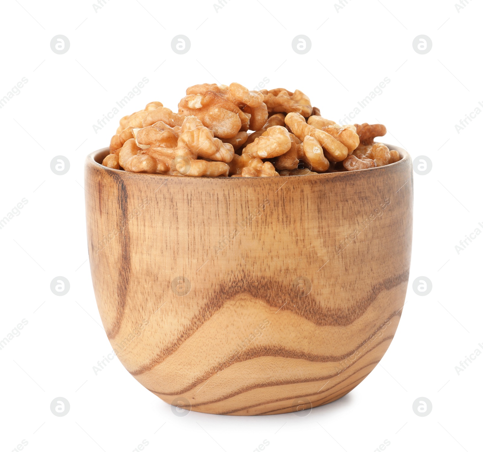 Photo of Bowl with tasty walnuts on white background