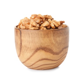 Bowl with tasty walnuts on white background