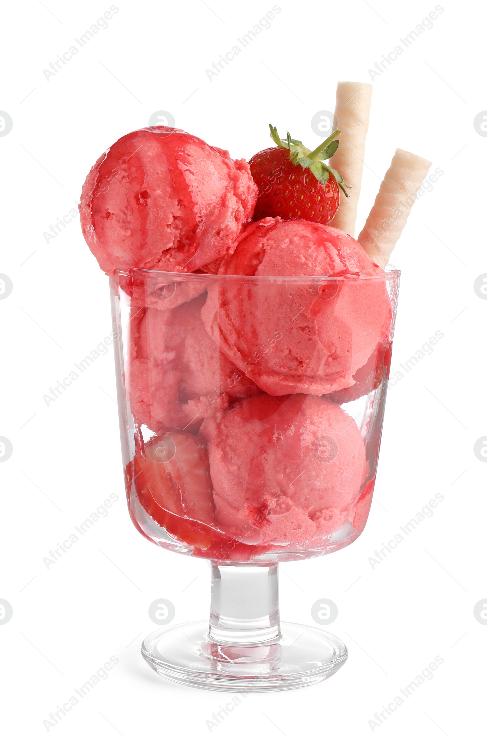 Photo of Glass dessert bowl of tasty strawberry ice cream with fresh berry and wafer rolls isolated on white