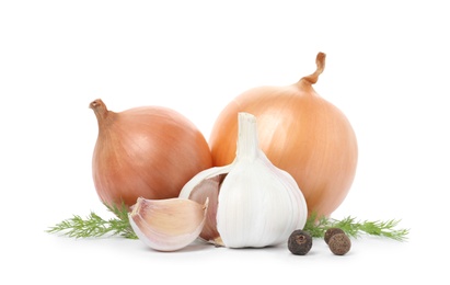 Photo of Garlic, onions, allspice and dill on white background