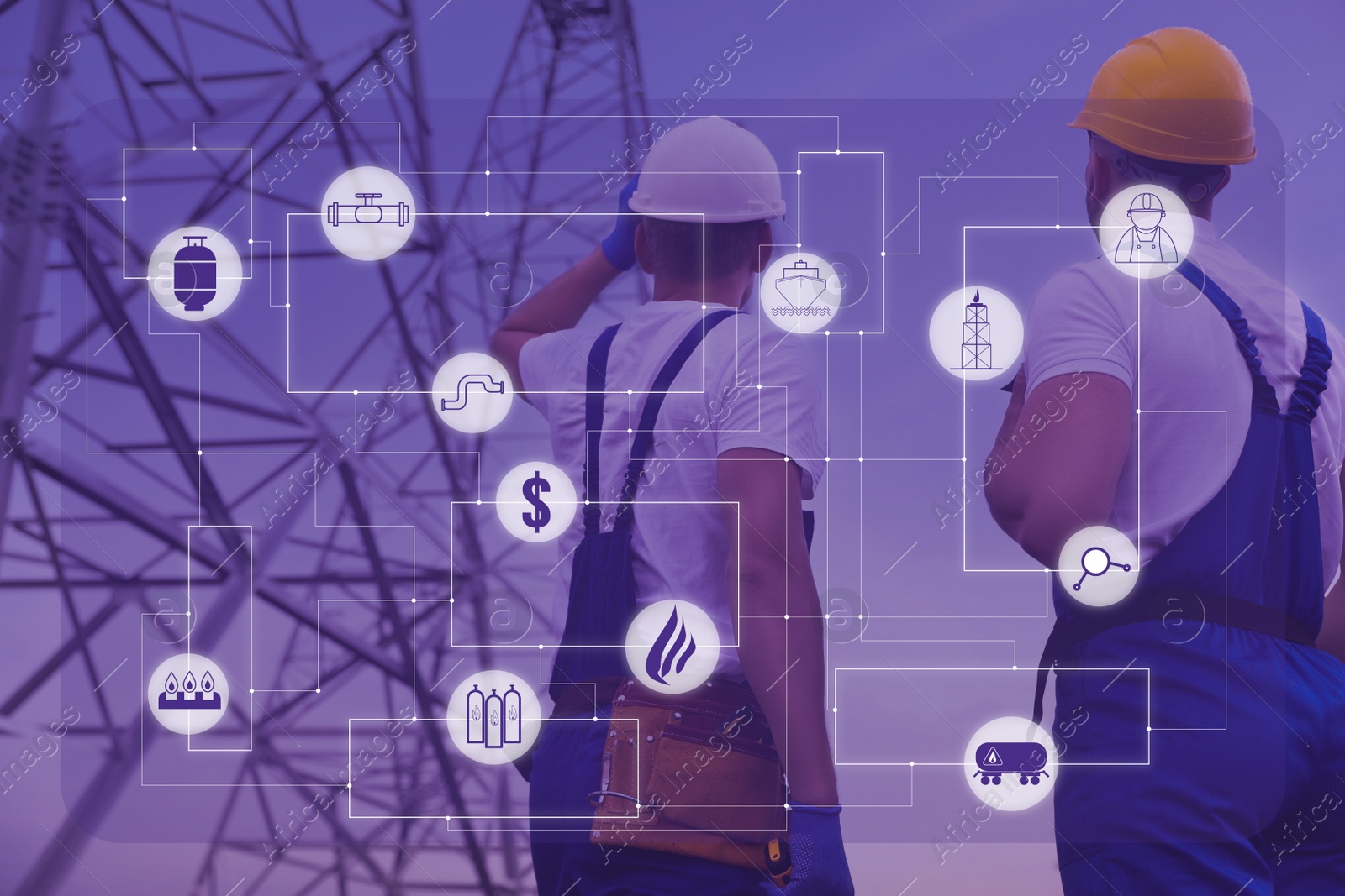 Image of Professional engineers near gas drilling rig and illustration of different icons