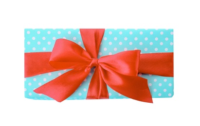 Photo of Gift box with ribbon on white background, top view