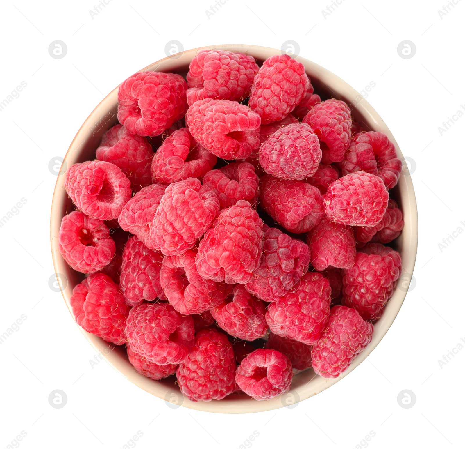 Photo of Bowl of delicious fresh ripe raspberries on white background, top view