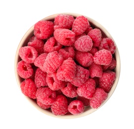 Bowl of delicious fresh ripe raspberries on white background, top view