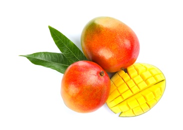 Photo of Delicious ripe mangoes on white background, top view