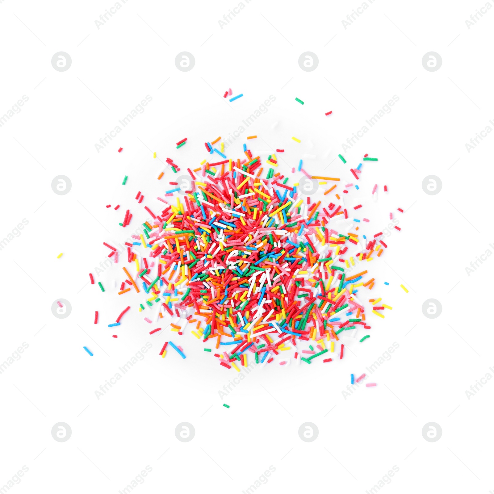 Photo of Colorful sprinkles on white background, top view. Confectionery decor