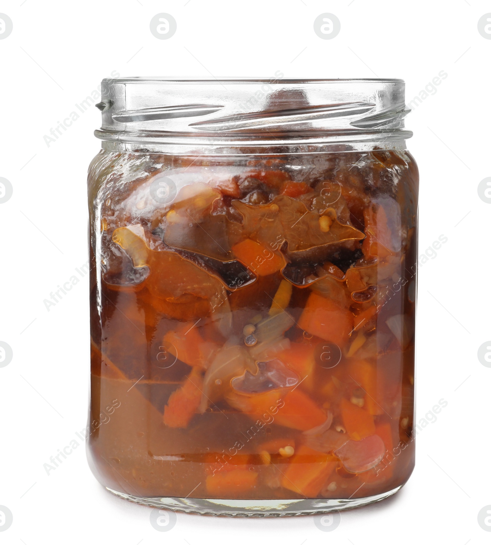 Photo of Jar with pickled eggplant slices on white background