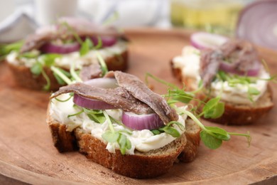 Delicious bruschettas with anchovies, cream cheese, red onion and greens on wooden board, closeup