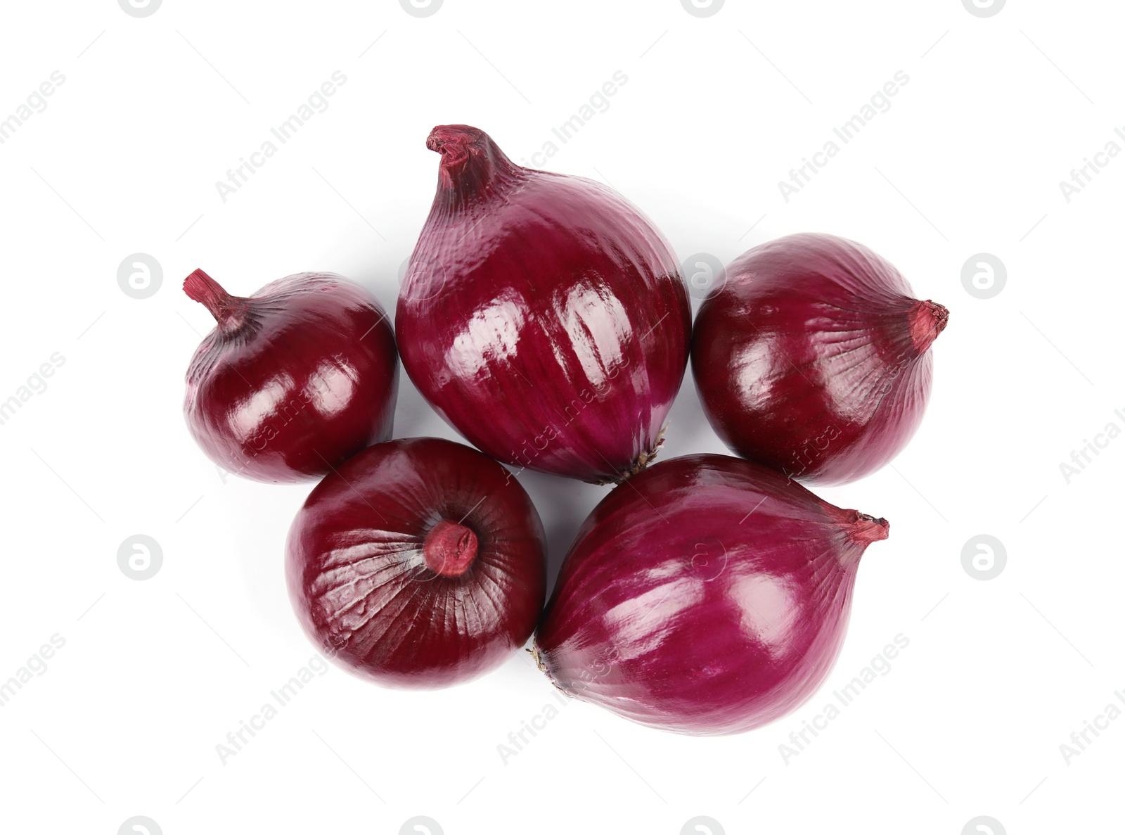 Photo of Fresh whole red onions on white background, top view