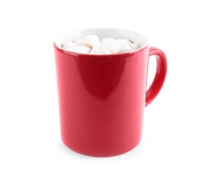 Photo of Cup of tasty cocoa with marshmallows on white background