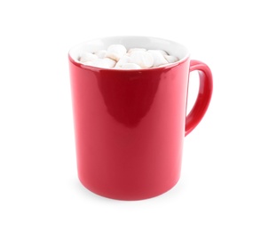 Cup of tasty cocoa with marshmallows on white background