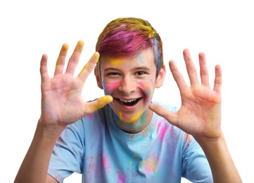 Photo of Teen boy covered with colorful powder dyes on white background. Holi festival celebration