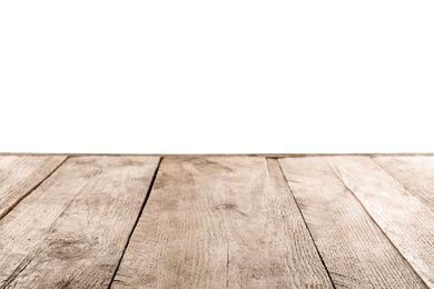 Photo of Empty wooden table surface on white background