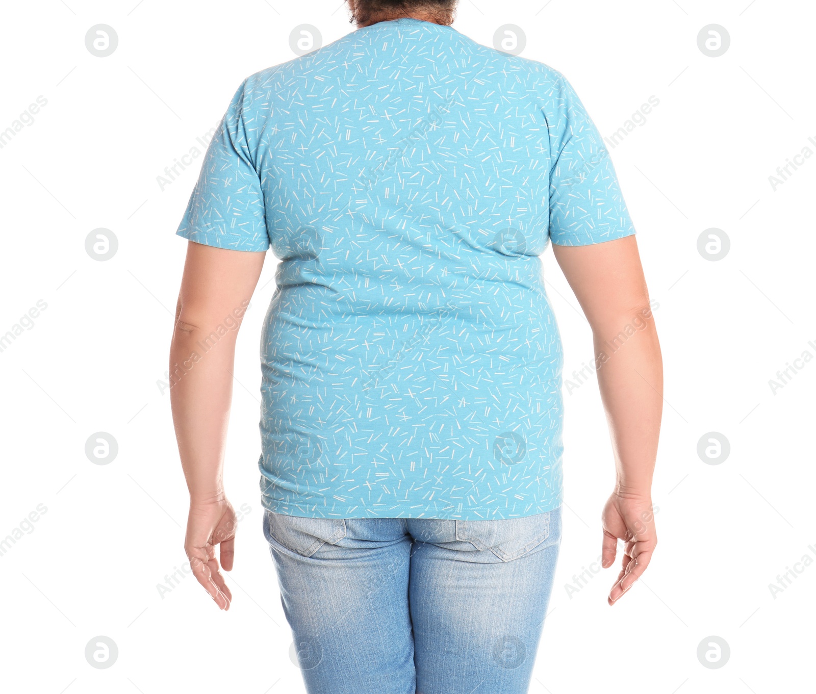 Photo of Fat woman on white background, closeup. Weight loss