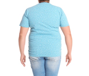 Fat woman on white background, closeup. Weight loss